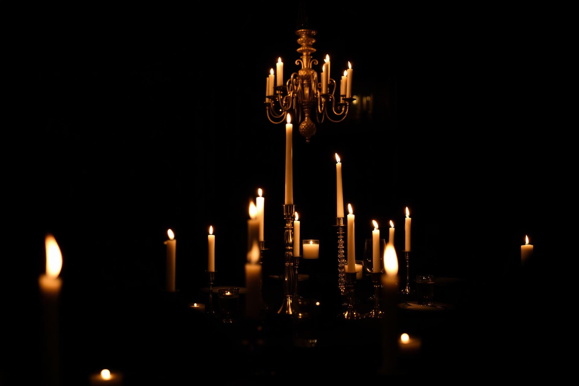 Elegant candlelit dinner setting with warm gold tones